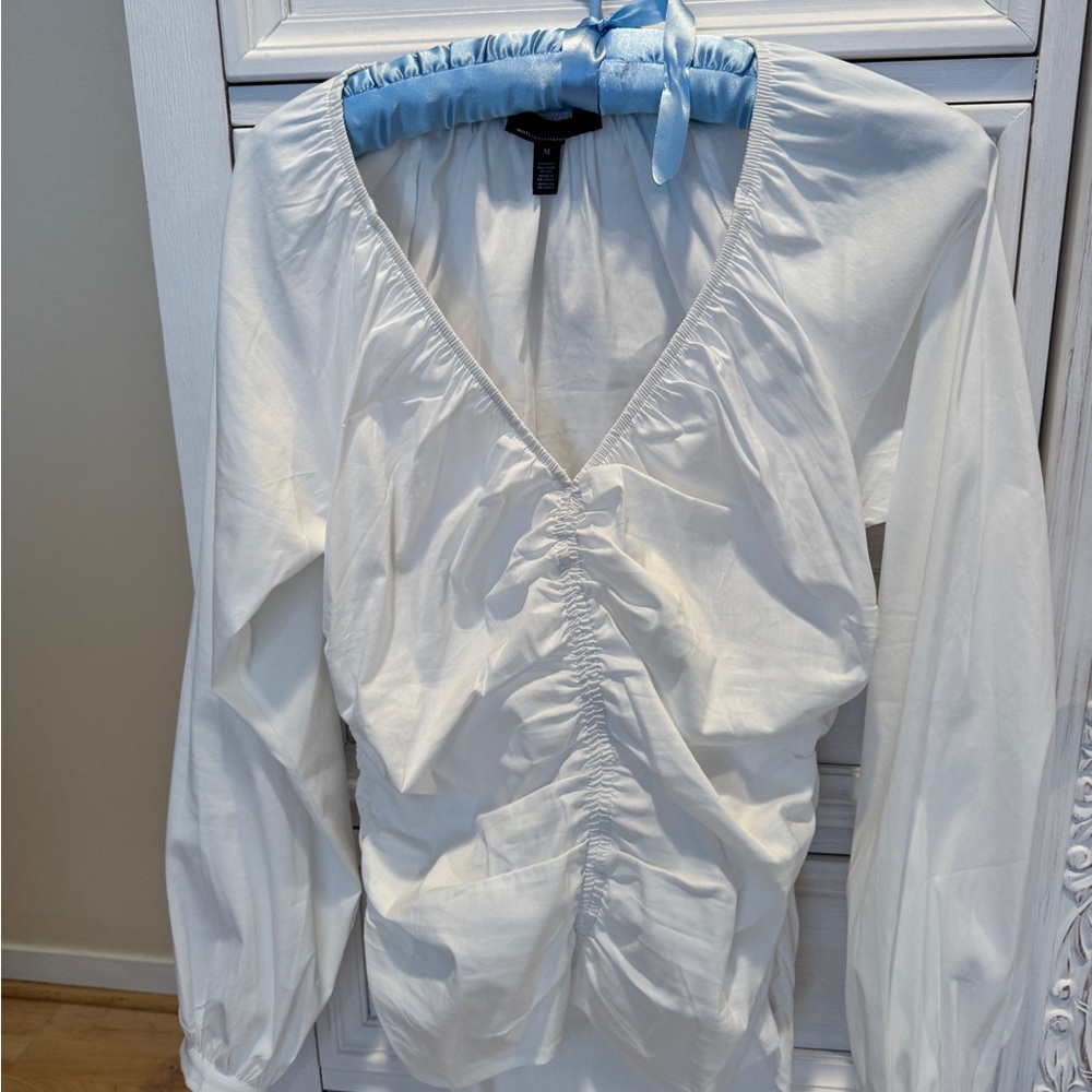 White House Black Market Ivory Ruched V-Neck Blouse